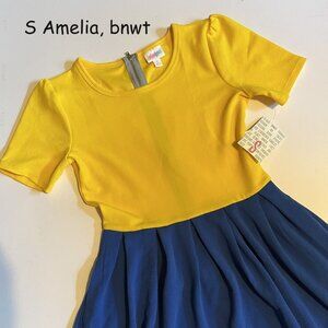 Small Lularoe Amelia dress, yellow on top, blue on bottom